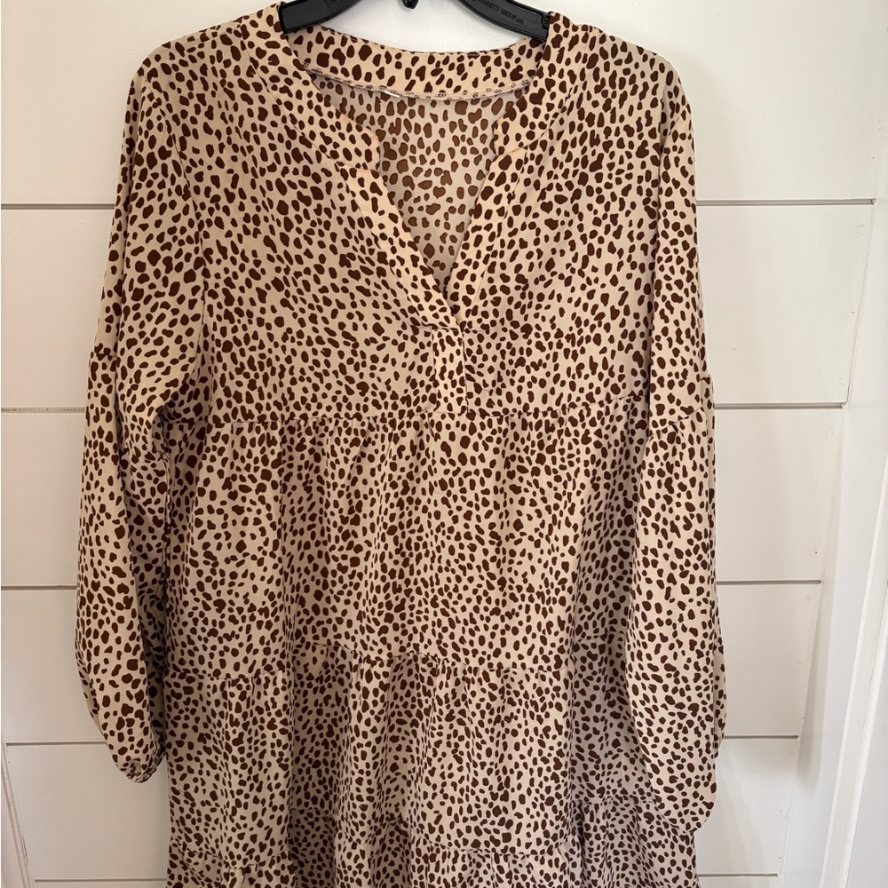 Leopard Print Tiered V-Neck Blouse Dress - Beige & Brown size medium
